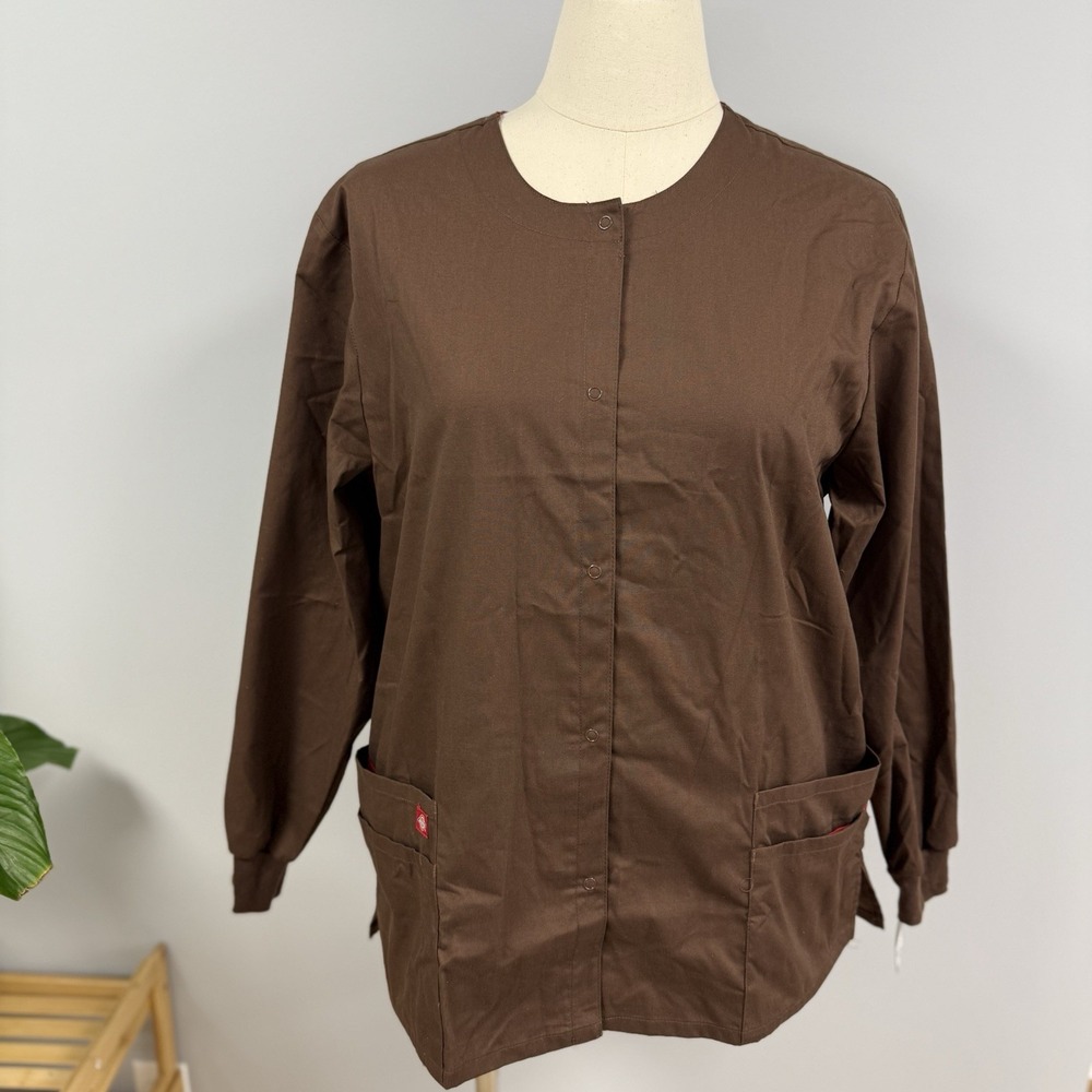 NWT Dickies Scrub Jacket L Brown Cotton Snap Front Scrubs Nurse Warm Up